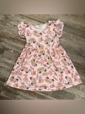 Girls 5-6T Pink School Bus ABC Dress | Back to School Print | Boutique Style